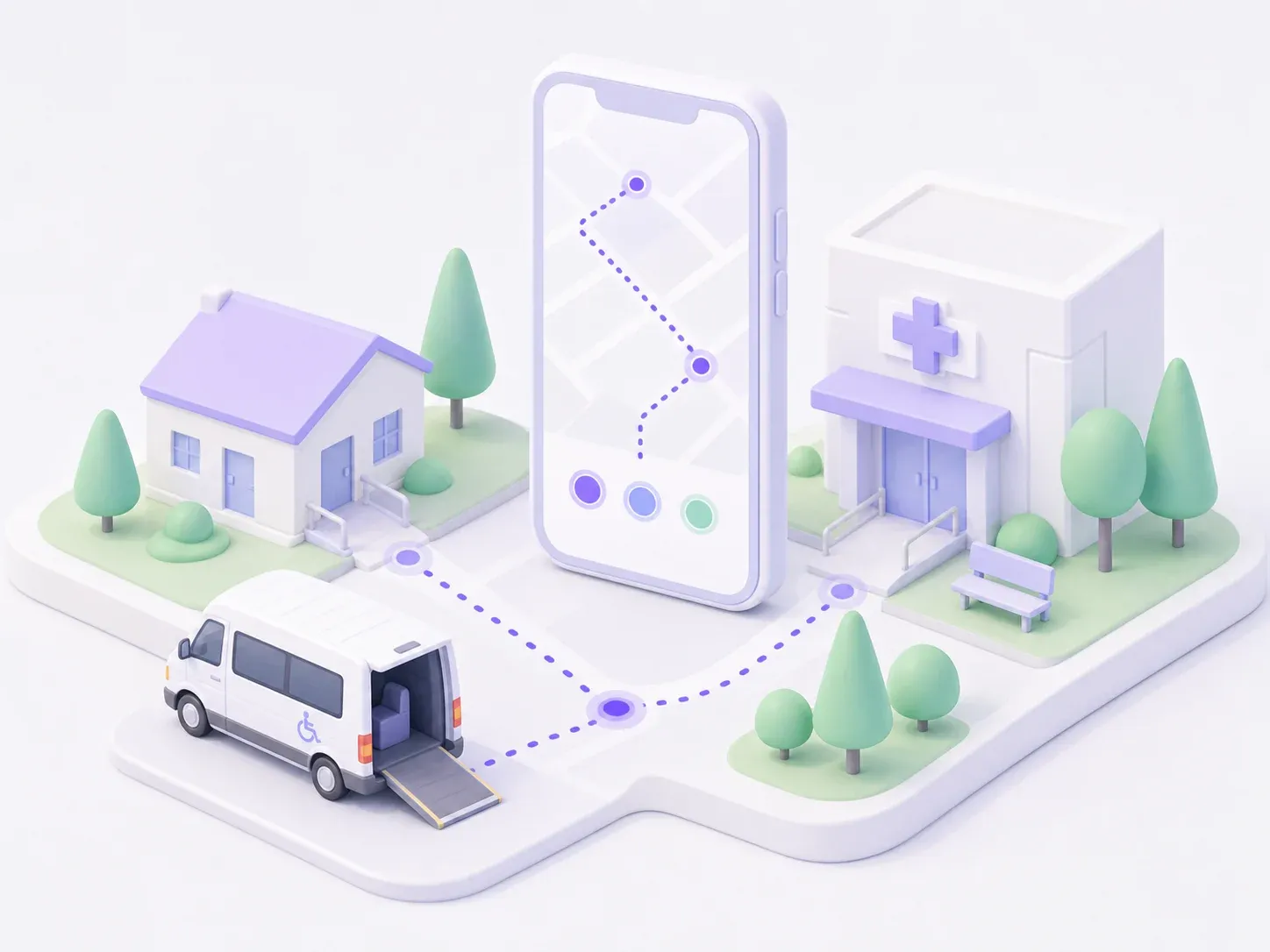 A rider’s home, a driver’s phone showing the route, a clinic and a wheelchair van with its ramp down