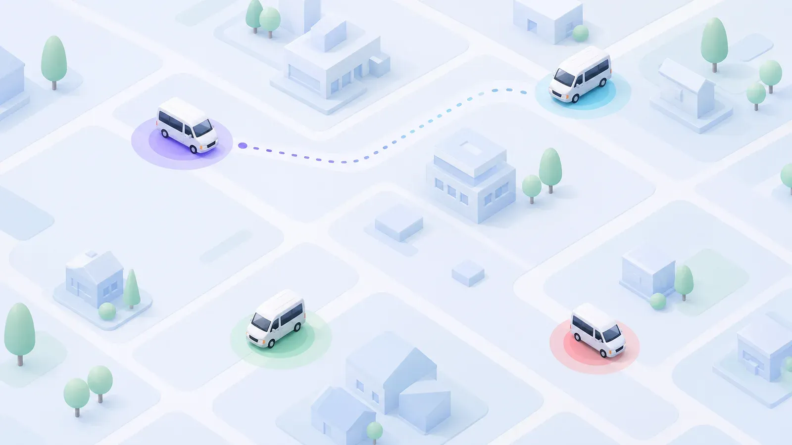 A map of town from above with each van marked where it is, and the dotted route one van is driving