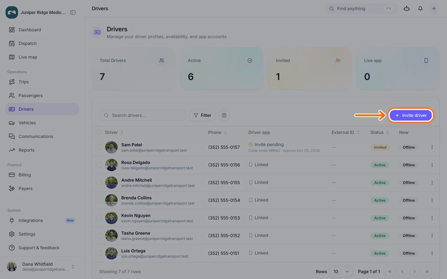 The Drivers page with six active drivers, one invited driver, and the Invite driver button at the top right