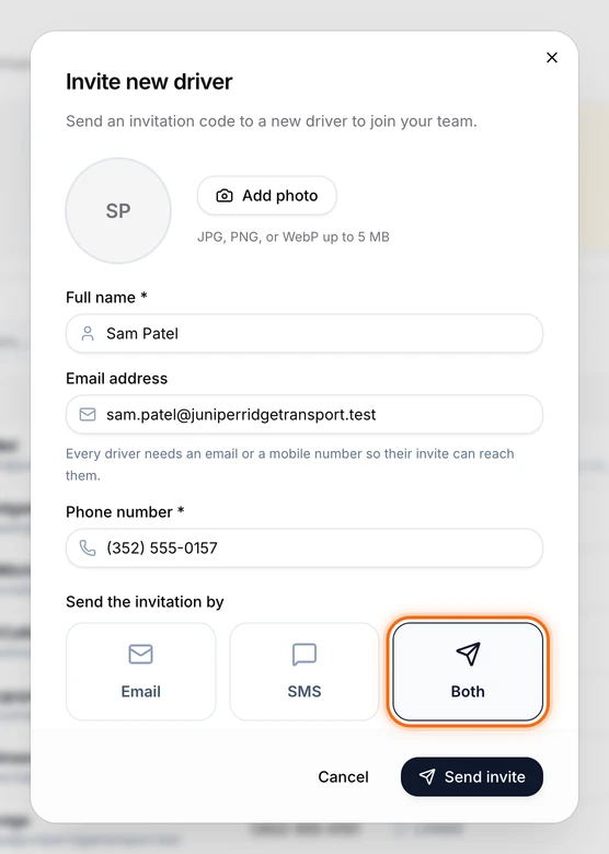 The Invite new driver form filled in for Sam Patel, with Both picked under Send the invitation by