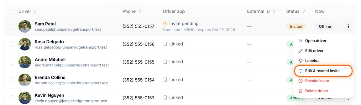 Sam Patel's row on the Drivers page, marked Invited with Invite pending, and its menu open on Edit & resend invite