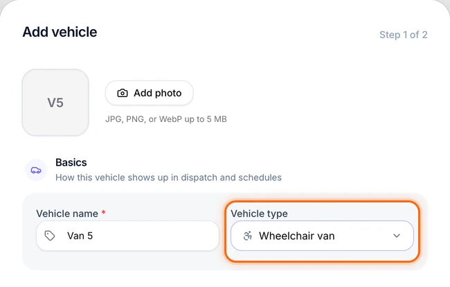 The Add vehicle form with Van 5 typed as the name and Wheelchair van picked as the type
