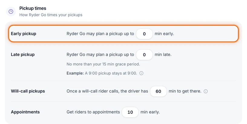 The Pickup times settings, with Early pickup and Late pickup at 0 minutes, Will-call pickups at 60 minutes and Appointments at 10 minutes