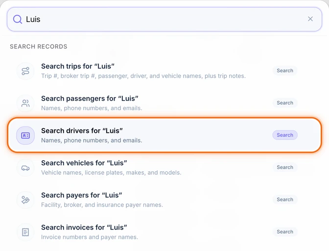 The search box with Luis typed and the Search records rows, with Search drivers for “Luis” picked out