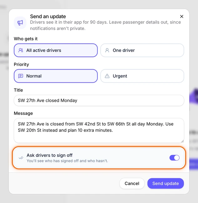 The Send an update form with All active drivers picked, a title and message typed, and Ask drivers to sign off turned on