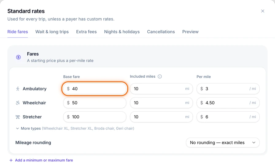The Standard rates window on the Ride fares tab, showing the sample base fare, included miles and per-mile price for ambulatory, wheelchair and stretcher rides