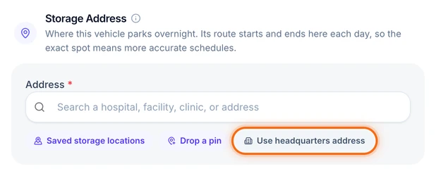 The Storage Address section with the Use headquarters address button