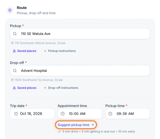 The Route section with both addresses filled in, an appointment at 10:00 AM, the Suggest pickup time link, and the pickup time it filled in