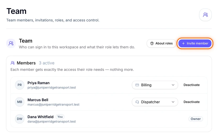 The Team page in Settings with three members, Dana Whitfield, Marcus Bell and Priya Raman, and the Invite member button at the top right