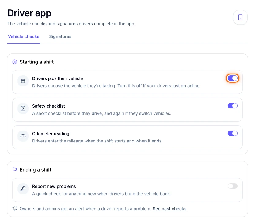 The Driver app settings page on the Vehicle checks tab, with Drivers pick their vehicle, Safety checklist and Odometer reading turned on and Report new problems turned off