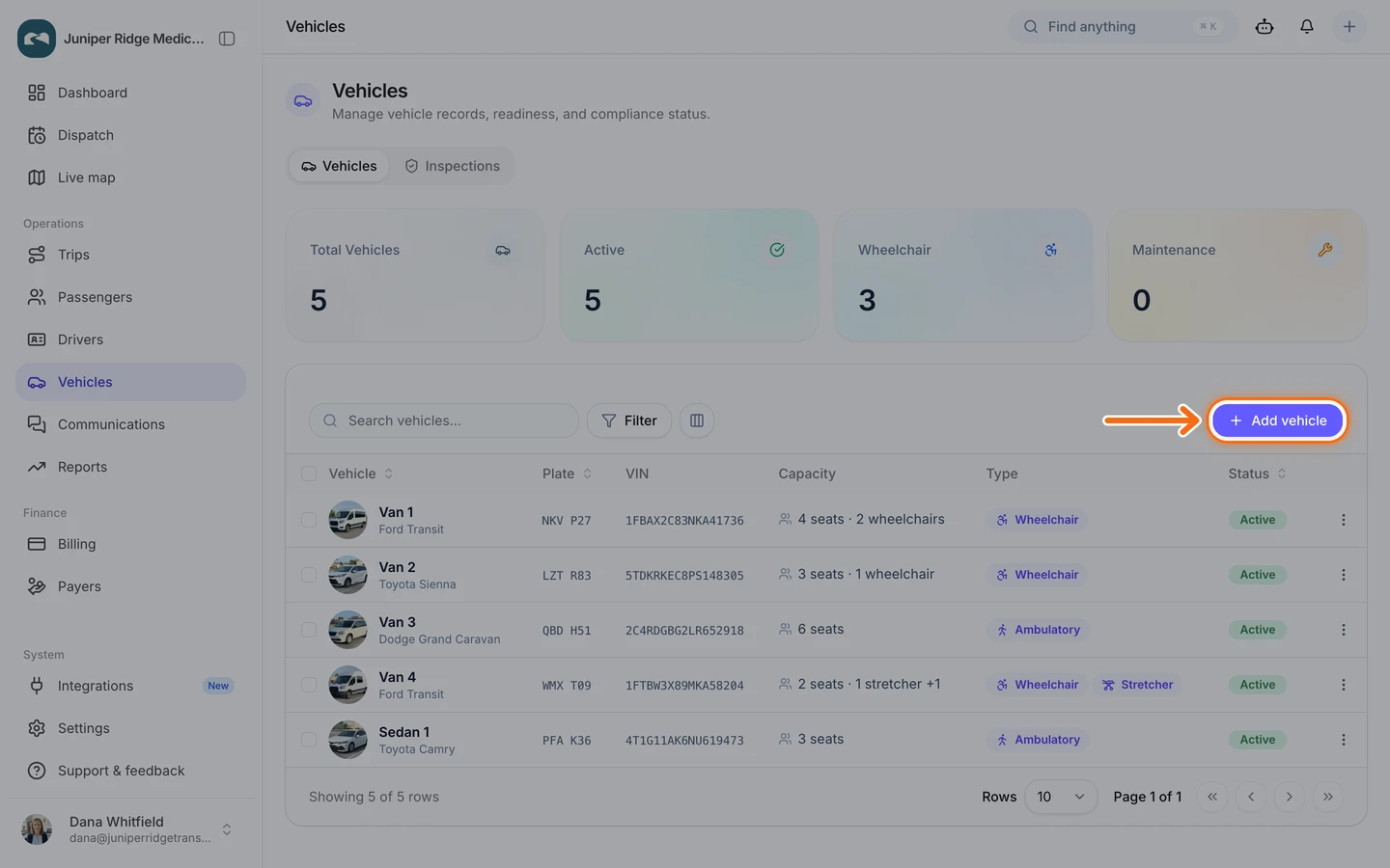 The Vehicles page with five vehicles listed and the Add vehicle button at the top right