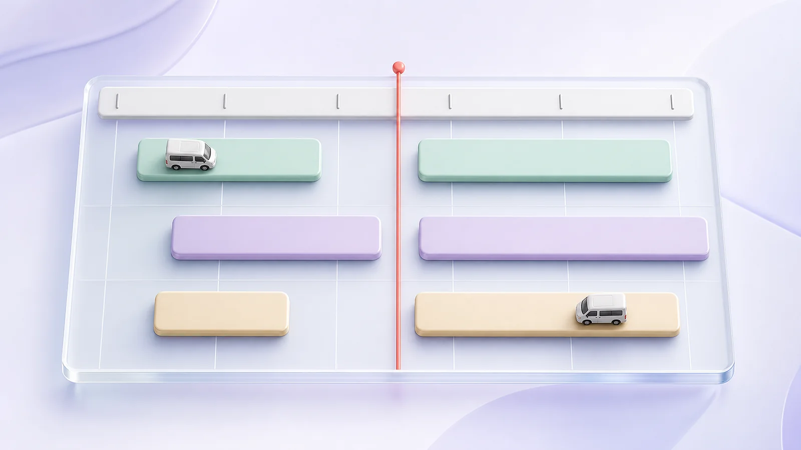 The HealthRide dispatch board with driver lanes on a timeline and color-coded trip blocks